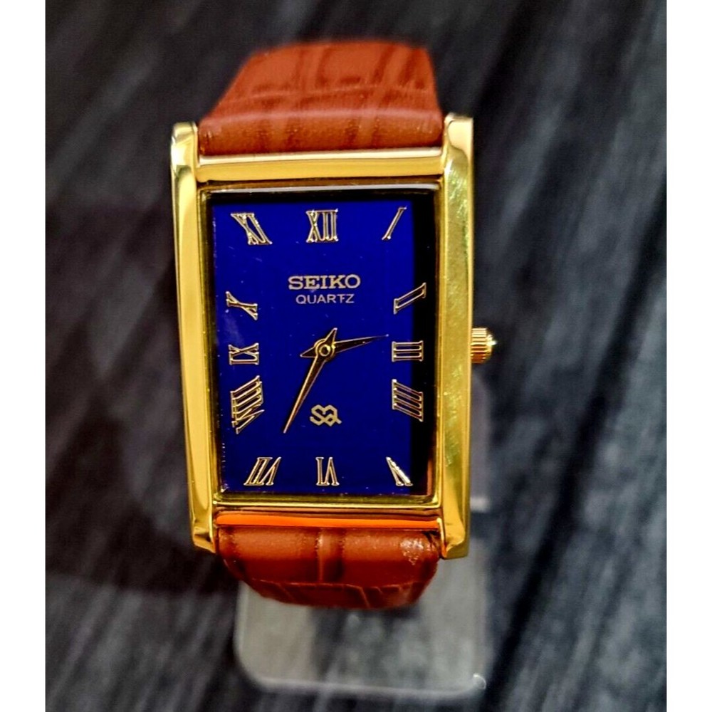 RARE NOS Seiko Men's Rectangular‎ Tank Gorgeous Gold Case Blue Dial Dress…